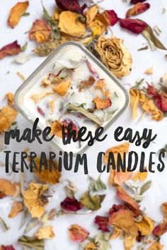 an image of make these easy terrarium candles with dried flowers on the table and text overlay that reads, make these easy terrarium candles