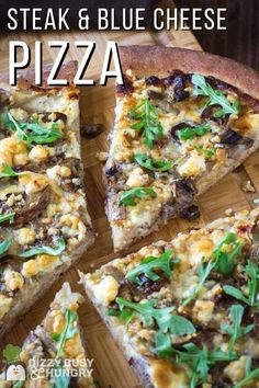 a close up of a pizza on a cutting board with the words steak and blue cheese pizza