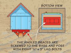 an image of a birdhouse with the bottom view and bottom view labeled in red