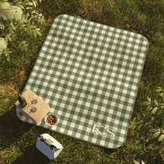 a picnic blanket with food on it laying in the grass