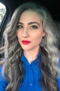 Image of a beautiful young woman wearing a blue top and gray hair confidently Grey Hair Before And After, Granny Hair, Bold Lip, Grey Hair Styles For Women