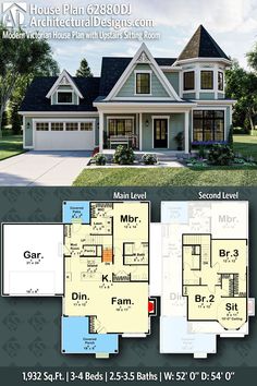 two story house plans with garage and living room in the front, one bedroom on the second