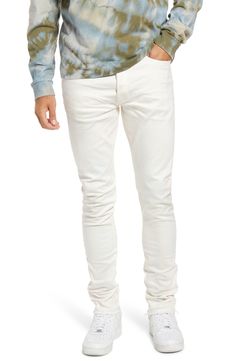 Crisp white Japanese-denim jeans are cut in a skinny fit with a hint of stretch that allows you to move freely and comfortably in these five-pocket jeans. 32 1/2" inseam; 13" leg opening; 10 1/2" front rise; 14" back rise (size 32) Zip fly with button closure Five-pocket style 98% cotton, 2% polyurethane Machine wash, line dry Made in Japan Men's Clothing Modern White Cotton Jeans, White Stretch Jeans For Everyday, Modern White Tapered Leg Jeans, White Tapered Leg Jeans For Fall, Modern White Relaxed Fit Jeans, White Five-pocket Jeans For Everyday, Modern White Denim Pants, White Everyday Jeans With Five Pockets, White Jeans For Everyday Wear