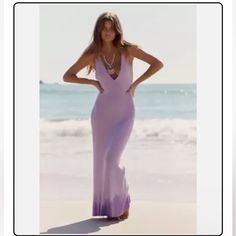 Free People Beach Daniela Lavender Purple Ribbed Knit Low Back Midi Dress Is Super Sexy And Perfect For Your Summer Vacation Or For Date Night! Sleeveless Tank Low Plunging V-Neckline Low Open Back Body Hugging Ribbed Knit Dropped Armholes Midi / Maxi Length (Depending On Your Height, See Measurements) Cotton/Viscose/Nylon/Elastane Brand New, Never Worn, Tag Removed, Plastic Tag Fastener Attached. Interior Label Has Been Marked. Size Large. Approx Flat Lay Measurements Unstretched: 53.5" Length Free People Black Dress, Beach Wedding Guest, Green Slip Dress, Summer Beach Wedding, Free People Beach, Sweater Maxi Dress, Printed Summer Dresses, Embroidered Maxi Dress, Striped Mini Dress