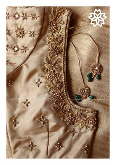 Gold Aari Blouse, Zardosi Embroidery Simple Design, Gold Blouse Embroidery Designs, Blouse Zardosi Work Design, Neck Embroidery Designs For Blouse, Simple Zardosi Work Blouse Designs, Silk Saree Blouse Embroidery Designs, Gold Aari Work Blouse, Gold Blouse Maggam Work