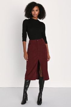 A new season brings a perfect opportunity to jazz up your wardrobe with a charming look like the Lulus Refreshing Romance Burgundy Corduroy Midi Skirt! Lightweight woven corduroy shapes a high waist, belt loops, and a hidden zip fly with a top button closure. Front diagonal pockets add convenient storage to a column-style skirt that falls to a midi hem with a flirty slit at the front. Fit: This garment fits true to size. Length: Mid-calf length. Size medium measures 30" from waist to hem. Waist: Burgundy Skirt Outfit, Burgundy Midi Skirt, Corduroy Midi Skirt, Burgundy Skirt, Midi Skirt Outfit, Lulu Fashion, Skirts With Boots, Winter Skirt