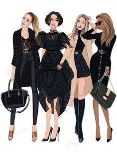 Chic All Black Outfit, Outfit Sketches, Black Dress Fashion, Wednesday Dress, Fashion Clipart, 4 Girls, All Black Outfit, Illustration Digital, Glam Fashion