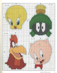 the cross stitch pattern shows four different cartoon characters, each with their own character's face