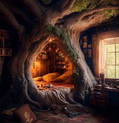 a bed in the middle of a tree trunk