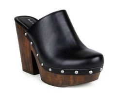 Our Claire Retro Lightweight Clogs have that authentic 70's look with it's faux wood heel and studs along the edges. Pair with your favorite flare jeans and graphic tee for that retro 70's Vibe! Womens Clogs And Mules, Studded Clogs, Classy Shoes