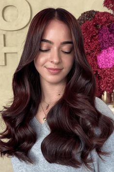 cherry brunette, hair shades, bold statement Dark Brunette Hair Dimension, Hair For Dark Features, Deep Cherry Hair, Dark Red Brunette Hair, Brown Mahogany Hair, Cherry Color Hair, Hair For Cool Skin Tone, Brunette Hair With Red Undertones, Dark Cherry Coke Hair Color