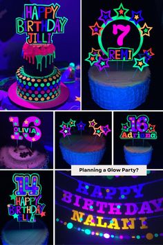 Need to add a touch of personalized neon pizzazz to your glow birthday party? These UV reflective decorations are what you need! Your child will love the personalization... both the name and age of the birthday boy or girl. Customize the colors to suit your needs. Neon Birthday Party Ideas, Neon Birthday Cakes, Glow Party Decorations, Neon Glow Party, Roller Skate Birthday Party, Neon Cakes, Birthday 12, Glow Party Supplies