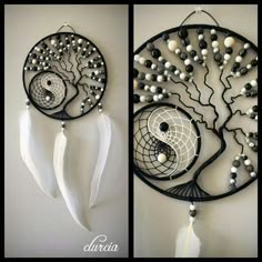 two pictures of a dream catcher with yin - yang symbols and pearls on the feathers