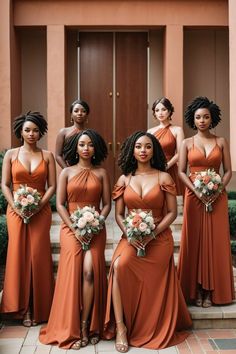 the bridesmaids are wearing orange dresses and holding bouquets in front of them