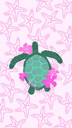 a green turtle with pink flowers on it's back in front of starfish