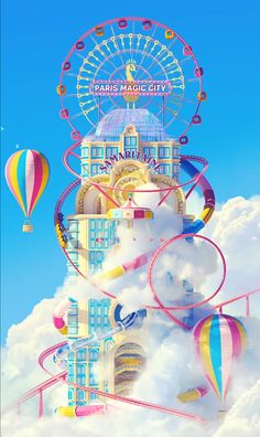 an image of a ferris wheel in the sky with clouds and buildings around it, as well as hot air balloons