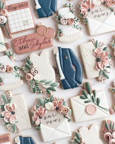 wedding cookies are arranged on the table for guests to take pictures with their names and date