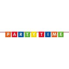 the word party time spelled in colorful blocks