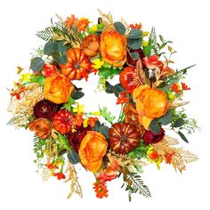 an orange wreath with flowers and leaves on white background for thanksgiving or fall decorating