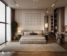 a modern bedroom with wood floors and white walls