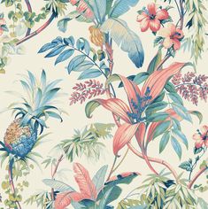 an image of a floral wallpaper with flowers and leaves on it's surface