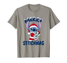 a gray shirt with an image of stitchman wearing a santa hat and holding a stuffed animal