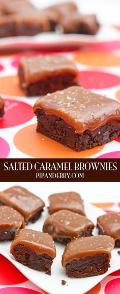 chocolate brownies with salted caramel drizzled on top are sitting on a plate