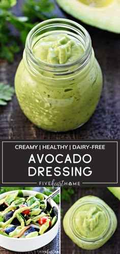 avocado dressing in a mason jar with text overlay