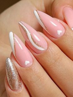 Pink And White Nails, White Nails With Gold, Pink White Nails, Gold Acrylic Nails, Baby Pink Nails, White And Silver Nails, Light Pink Nails, Pink Nail Art, Almond Nails Designs