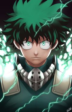 an anime character with green hair and lightnings around his head, staring at the camera