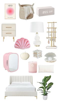 a collage of pink and white items including a bed, nightstand, mirror, lamp