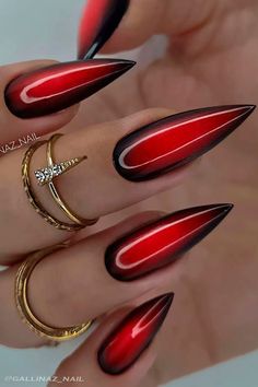 Long Stiletto Ombre Red and Black Nails for Year Round Ombre Nail Designs Stilettos, Red Stilletos Nails, Black Halloween Nails, Witchy Nails