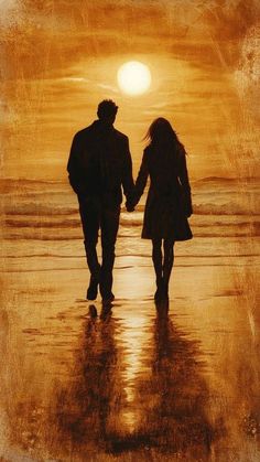 two people walking on the beach holding hands under an orange and yellow sky at sunset