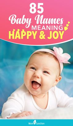 a baby is smiling with the words happy and joy on it's face, in front of a blue background