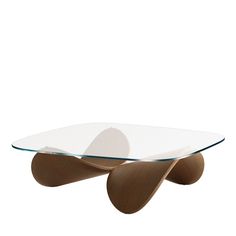 a glass and wood coffee table with an oval shaped design on the top, sitting in front of a white background