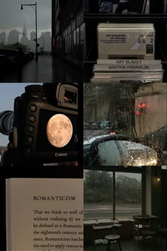 a series of photographs showing different scenes in the same place, including an open window with rain falling on it