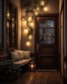 a porch with lights hanging from the ceiling and a bench on the floor next to it