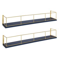 two black and gold shelves with metal bars