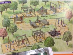 a drawing of a park with various playgrounds