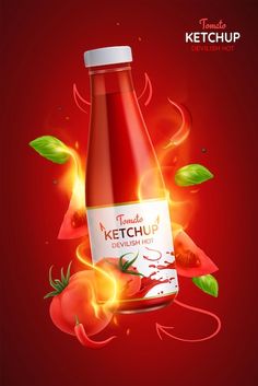 a bottle of ketchup with tomatoes and leaves around it on a red background