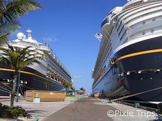 two cruise ships are docked at the dock in front of palm trees and blue sky