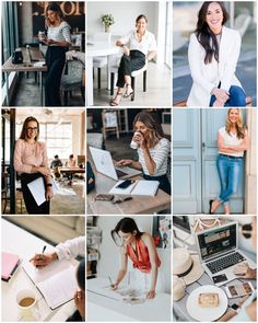 a collage of photos with women working on laptops and writing in notebooks