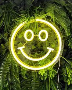 a neon smiley face surrounded by green plants