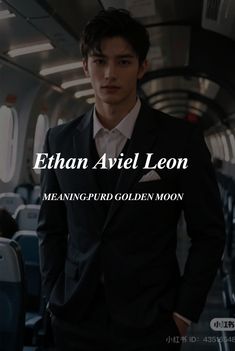 a man in a suit and tie standing on an airplane with the words, ethan ave