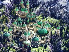 an aerial view of a castle in the mountains