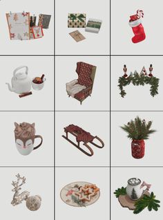 several different types of christmas items are arranged in this gridded image, including stockings and gifts