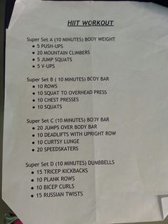 a white paper with instructions on how to workout