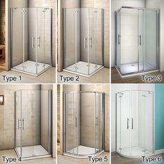 four different types of shower stalls in various styles and sizes, with instructions for each type