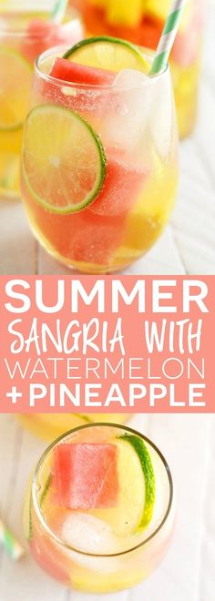 watermelon and pineapple sangria with text overlay that reads summer sangria with watermelon and pineapple