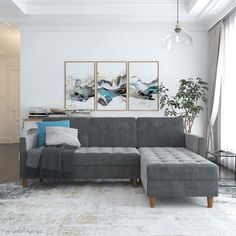 a living room with a gray couch and two paintings on the wall above it, along with a coffee table